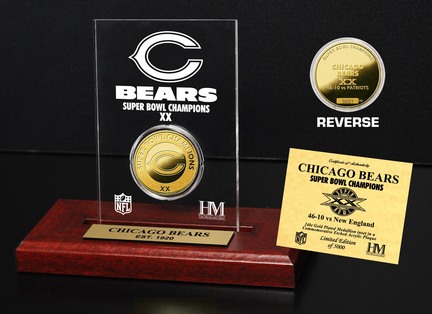 Chicago Bears Super Bowl XX Champions 24KT Gold Dual Coin in a Etched Acrylic Desktop Display from The Highland Mint