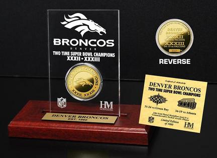 Denver Broncos 2 Times Super Bowl Champions 24KT Gold Dual Coin in a Etched Acrylic Desktop Display from The Highland Mi