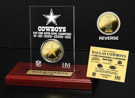 Dallas Cowboys 5 Times Super Bowl Champions 24KT Gold Coin in a Etched Acrylic Desktop Display from The Highland Mint