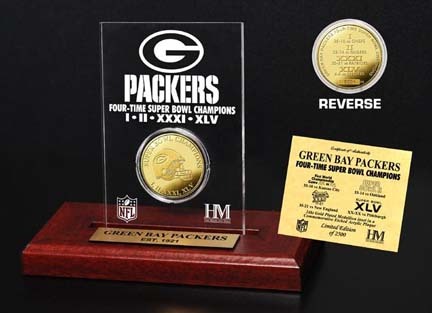 Green Bay Packers Four Time Champions 24KT Gold Coin in an Etched Acrylic Desktop Display from The Highland Mint