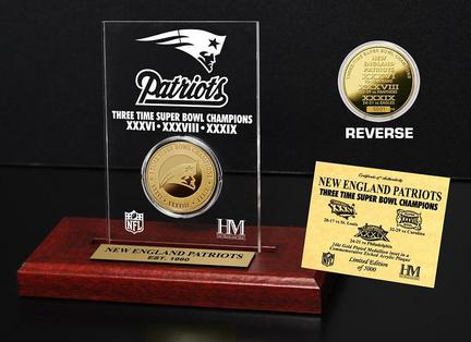 New England Patriots 3 Times Super Bowl Champions 24KT Gold Coin in a Etched Acrylic Desktop Display from The Highland M