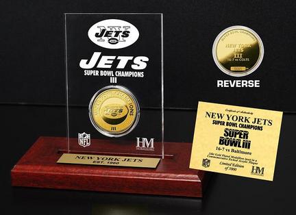 New York Jets III Super Bowl Champions 24KT Gold Coin in a Etched Acrylic Desktop Display from The Highland Mint