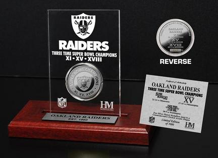 Oakland Raiders 3 Times Super Bowl Champions 24KT Gold Coin in a Etched Acrylic Desktop Display from The Highland Mint