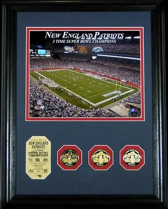 New England Patriots 3 Time Super Bowl Champions 8" x 10" Framed Photograph and Medallion Set from The Highlan