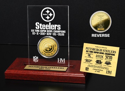 Pittsburgh Steelers 6 Times Super Bowl Champions 24KT Gold Coin in a Etched Acrylic Desktop Display from The Highland Mi
