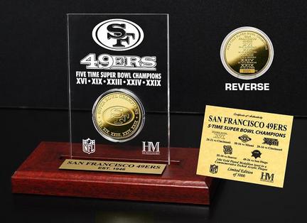 San Francisco 49ers 5 Times Super Bowl Champions 24KT Gold Coin in a Etched Acrylic Desktop Display from The Highland Mi