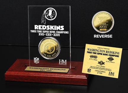 Washington Redskins 3 Times Super Bowl Champions 24KT Gold Coin in a Etched Acrylic Desktop Display from The Highland Mi