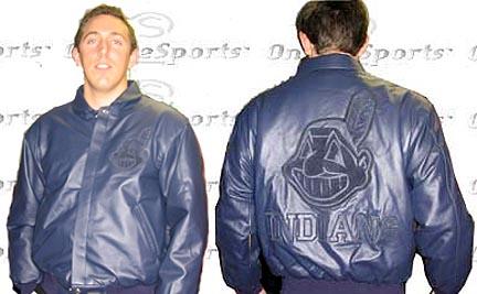 Cleveland Indians Navy on Navy Plonge Leather Jacket Non-Reversible With Leather Logos From J. H. Design