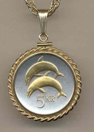 Iceland 5 Kronur  “Dolphins” Two Tone Gold Filled Rope Bezel Coin on 18" Necklace