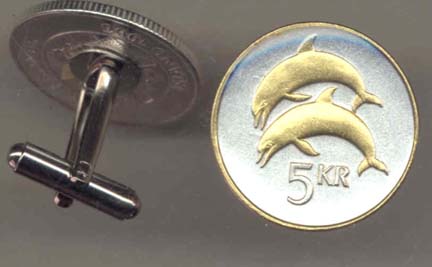 Iceland 5 Kronur "Dolphins" Two Tone Gold on Silver World Cuff Links - 1 Pair