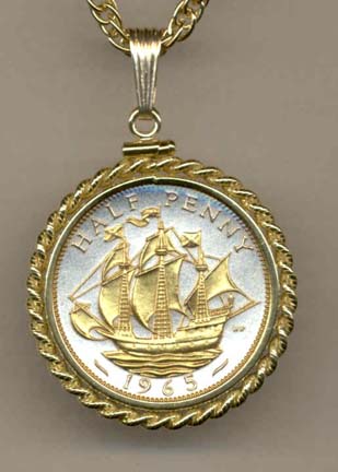 British Penny "Sailing Ship" Two Tone Rope Edge Coin Pendant with 18" Chain 