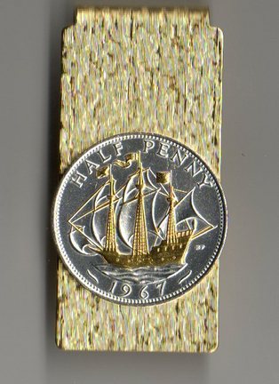 British Half Penny "Sailing Ship" Two Tone Coin Hinge Money Clip