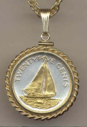 Bahamas 25 Cent “Sail Boat” Two Tone Gold Filled Rope Bezel Coin on 18" Necklace