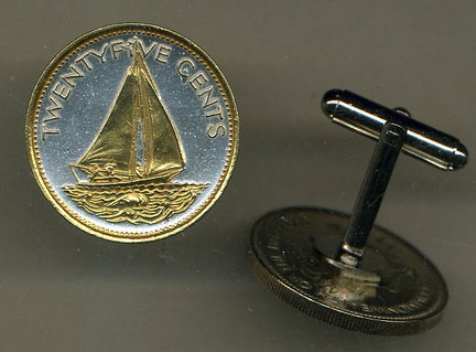 Bahamas 25 Cent "Sail Boat" Two Tone Coin Cuff Links - 1 Pair