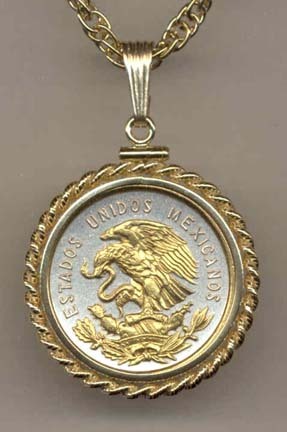 Mexican 10 Centavo “Eagle” Two Tone Gold Filled Rope Bezel Coin on 18" Necklace