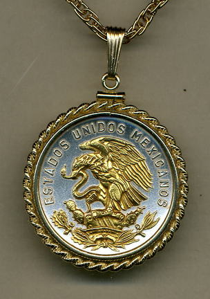 Mexican 20 Centavo "Eagle" Two Tone Gold Filled Rope Bezel Coin Pendant with 24" Chain