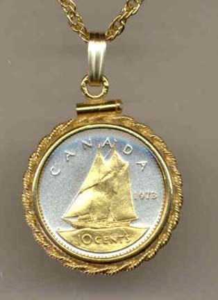 Canadian 10 Cent "Bluenose Sail Boat" Two Tone Gold Filled Rope Bezel Coin on 18" Necklace
