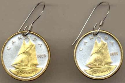 Canadian 10 Cent  "Bluenose Sail Boat" Two Tone Coin Earrings  