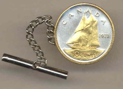 Canadian 10 Cent "Bluenose Sail Boat" Two Tone Gold on Silver World Coin Tie Tack