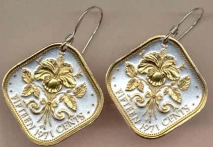 Bahamas 15 Cent "Hibiscus" Two Tone Coin Earrings