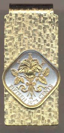 Bahamas 15 Cent "Hibiscus" Two Tone Gold on Silver World Coin Hinged Money Clip