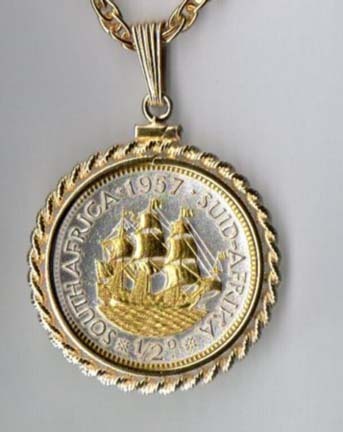 South African Penny "Sailing Ship" Two Tone Rope Bezel Coin Pendant with 18" Chain