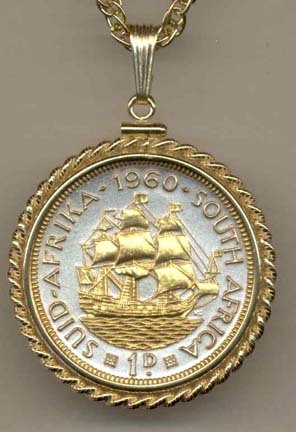 South African Penny “Sailing Ship” Two Tone Gold Filled Rope Bezel Coin on 24" Necklace