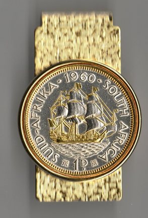 South African Penny "Sailing Ship" Two Tone Coin Hinge Money Clip