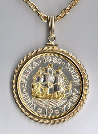South African Penny "Sailing Ship" Two Tone Rope Bezel Coin on 24" Chain