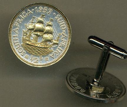 South African Penny "Sailing Ship" Two Tone Coin Cuff Links - 1 Pair