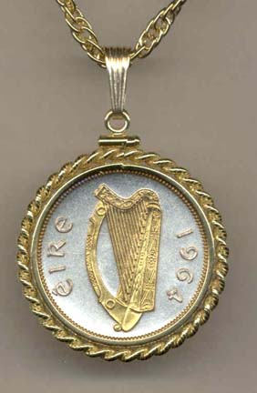 Irish Penny "Harp" Two Tone Rope Edge Coin Pendant with 18" Chain 