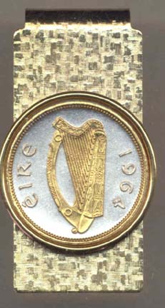 Irish Penny "Harp" Two Tone Gold on Silver World Coin Hinged Money Clip