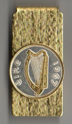 Irish Half Penny "Harp" Two Tone Coin Hinge Money Clip