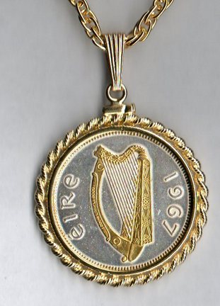 Irish Half Penny "Harp" Two Tone Rope Bezel Coin on 18" Chain