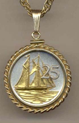 Cayman Islands 25 Cent  “Sail Boat” Two Tone Gold Filled Rope Bezel Coin on 18" Necklace
