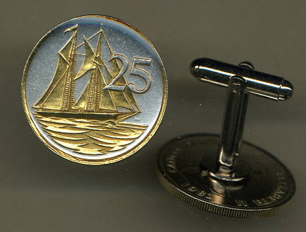 Cayman Islands 25 Cent "Sail Boat" Two Tone Coin Cuff Links - 1 Pair