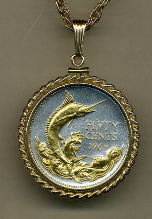 Bahamas 50 Cent "Blue Marlin" Two Tone Gold Filled Rope Bezel Coin Pendant with 24" Chain