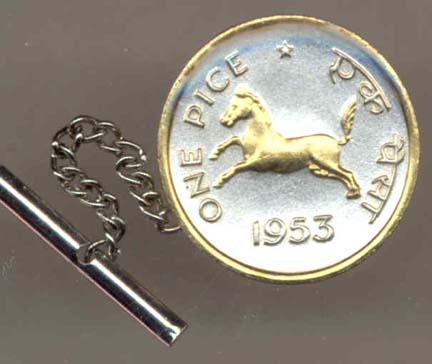 India 1 Pice "Horse" Two Tone Gold on Silver World Coin Tie Tack