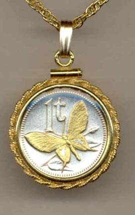 Papua New Guinea 1 Toea “Butterfly” Two Tone Gold Filled Rope Bezel Coin on 18" Necklace