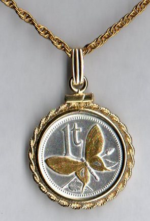 Papa New Guinea 1 Toea "Butterfly" Two Tone Rope Bezel Coin on 18" Chain