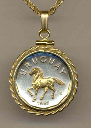 Uruguay 10 Centesimal "Horse" Two Tone Rope Edge Coin Pendant with 18" Chain 