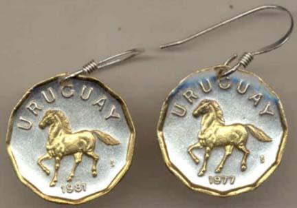Uruguay 10 Centesimal “Horse“ Two Tone Coin Earrings  