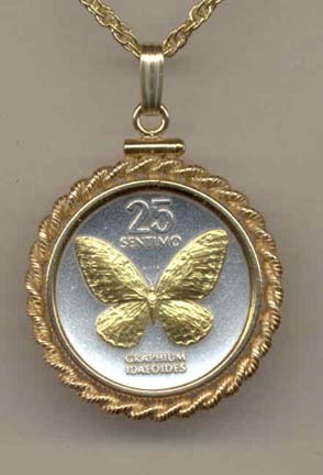 Philippines 25 Sentimos “Butterfly“ Two Tone Gold Filled Rope Bezel Coin on 18" Necklace