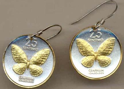 Philippines 25 Sentimos “Butterfly“ Two Tone Coin Earrings  