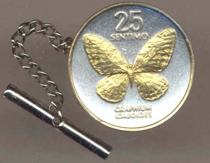 Philippines 25 Sentimos "Butterfly" Two Tone Gold on Silver World Coin Tie Tack
