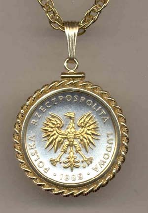Polish 5 Zlotych “Eagle” Two Tone Gold Filled Rope Bezel Coin on 18" Necklace