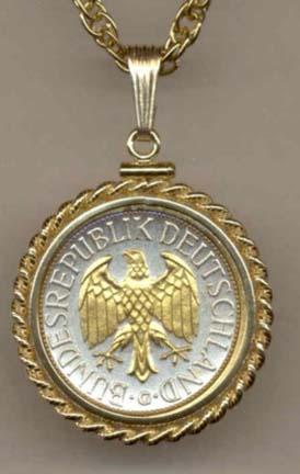 German 1 Mark "Eagle" Two Tone Gold Filled Rope Bezel Coin Pendant with 18" Chain