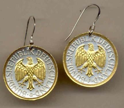 German 1 Mark "Eagle" Two Tone Coin Earrings