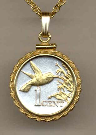 Trinidad & Tobago 1 Cent “Hummingbird” Two Tone Gold Filled Rope Bezel Coin on 18" Necklace