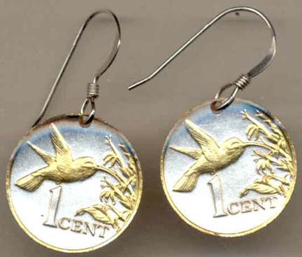 Trinidad & Tobago 1 Cent “Hummingbird” Two Tone Coin Earrings  